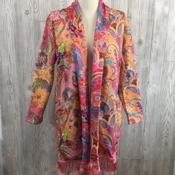 C.o.z.y. Pink Paisley Open Fringed Jacket Size Large - Picture 1 of 14